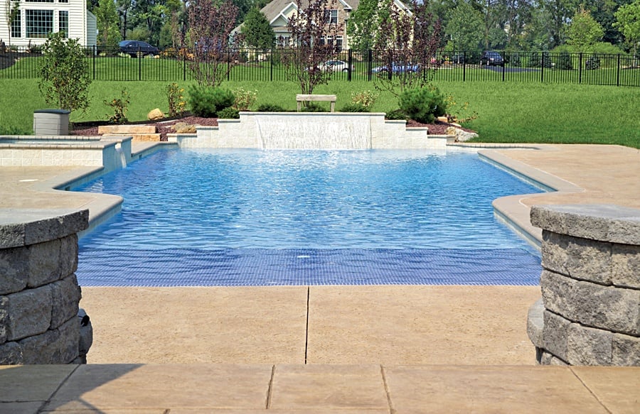 Tiled beach entry built by Blue Haven Pools blue tiled beach entry swimming pool