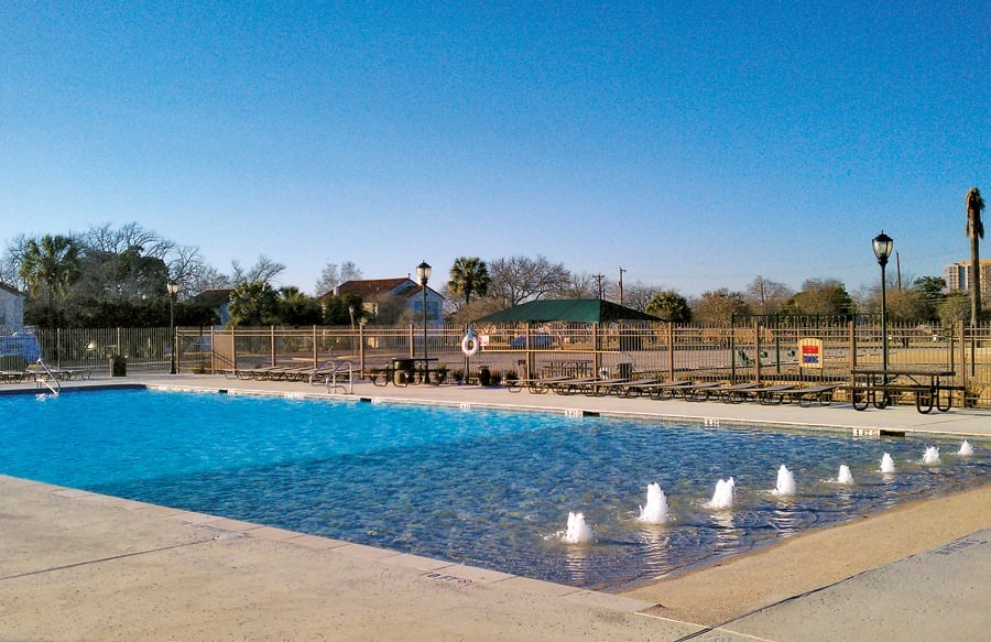 Commercial beach entry pool built by Blue Haven Pools Commercial beach entry pool with bubbler fountains