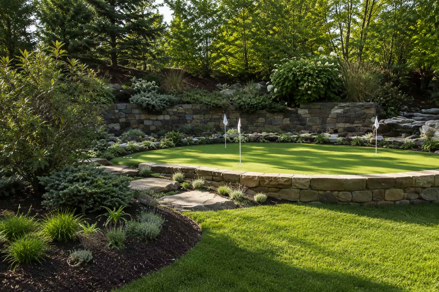 Custom backyard putting green with three flags, bordered by a natural stacked stone retaining wall and landscaped plantings.