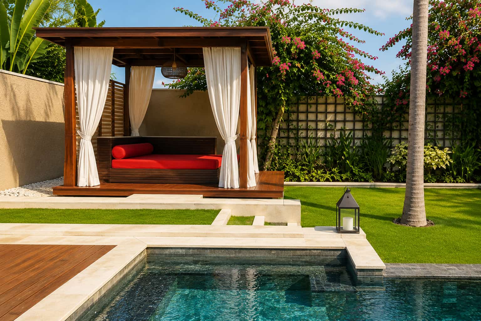 Resort-style Blue Haven poolside cabana with rich wood frame, white flowing curtains, and a red cushioned daybed, set beside a tiled pool, manicured lawn, and blooming bougainvillea.