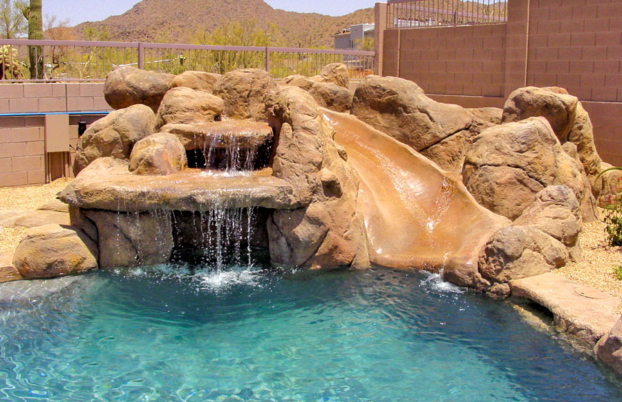 faux-rock-waterfall-with-slide-pool-on-pool