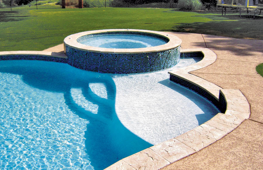 Free Form Pool With Round Spa And Curved Baja Shelf Free Form Pool With Round Spa And Curved Baja Shelf