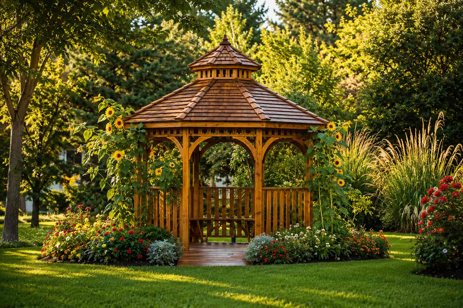 Octagonal cedar gazebo with shingled roof in a landscaped garden, surrounded by sunflowers, ornamental grasses, and flowering shrubs.