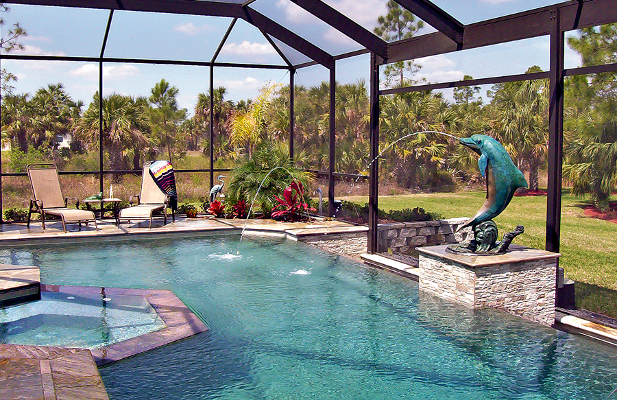 geometric-pool-spa-with-dolphin-statue