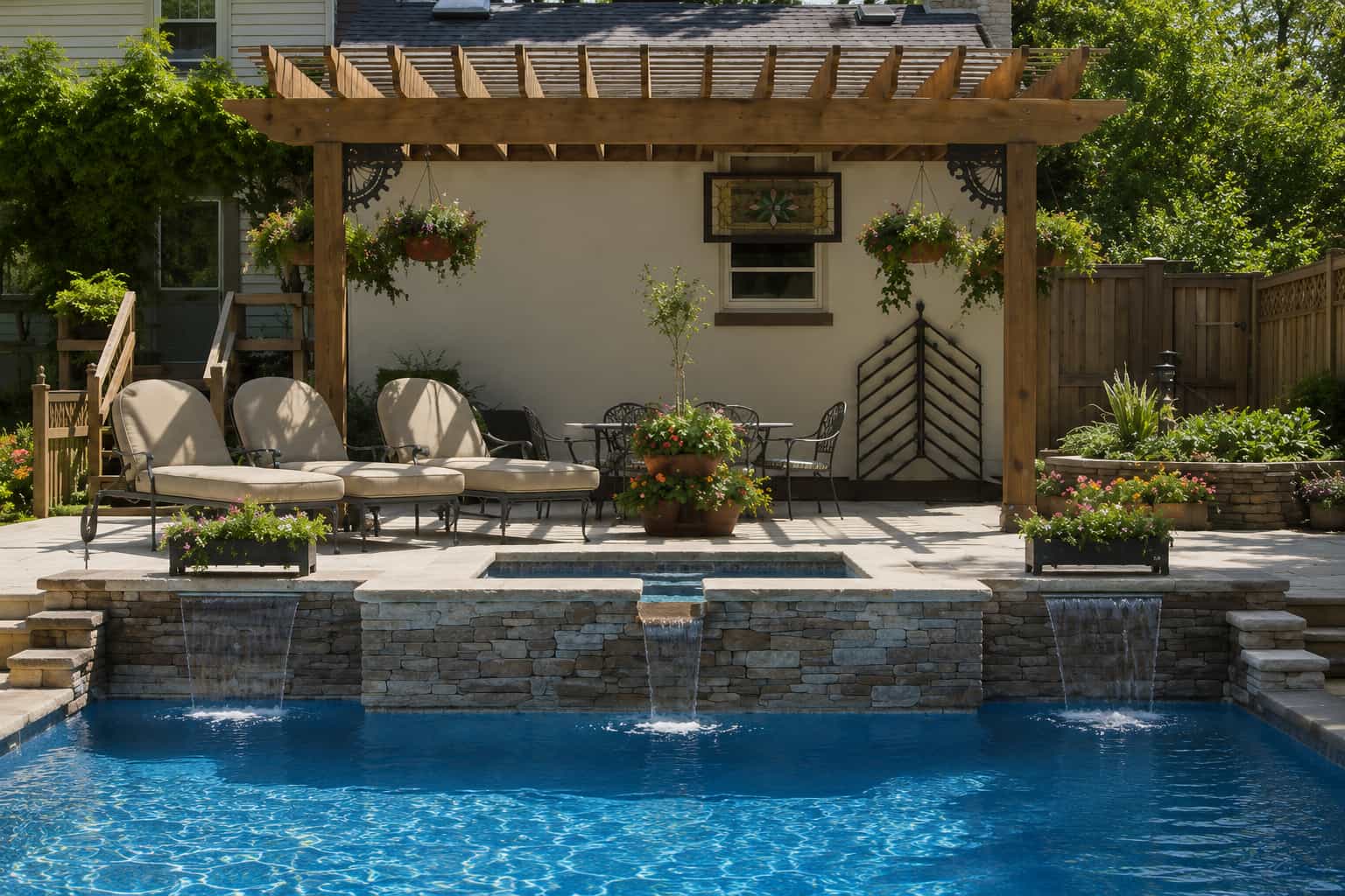 Blue Haven backyard pool with three sheer descent waterfalls cascading from a stacked stone wall, with a wooden pergola shading chaise lounges and hanging flower baskets.