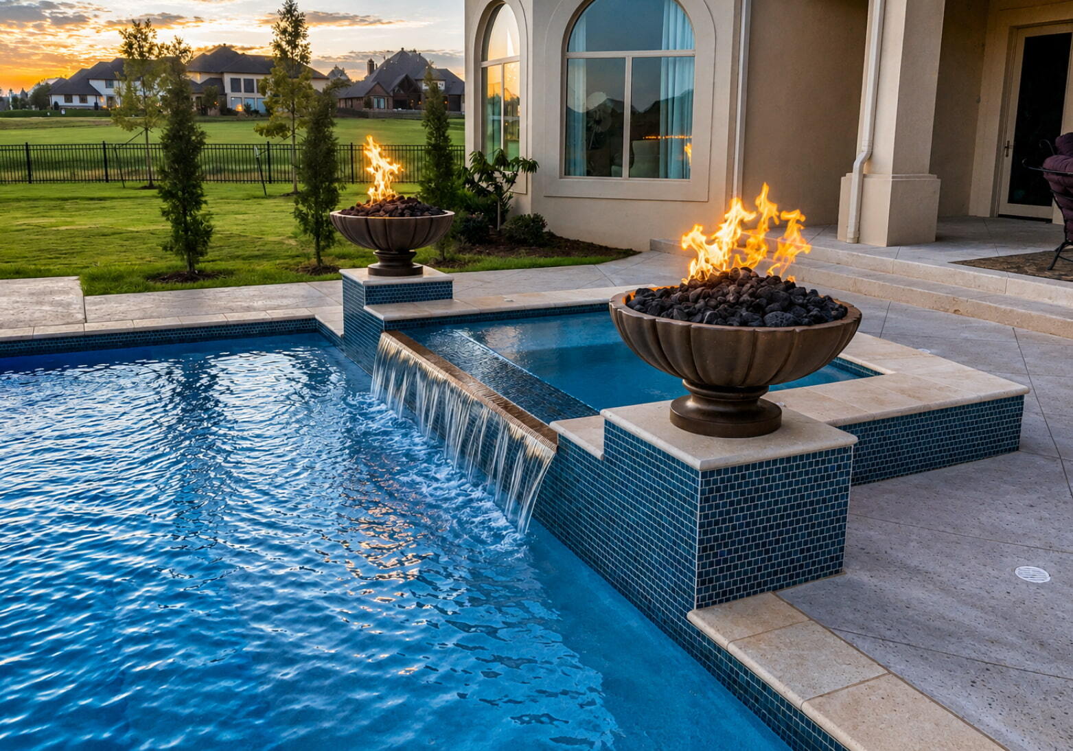 bronze fire bowls with lava rocks mounted on blue tile pedestals beside a pool waterfall at sunset