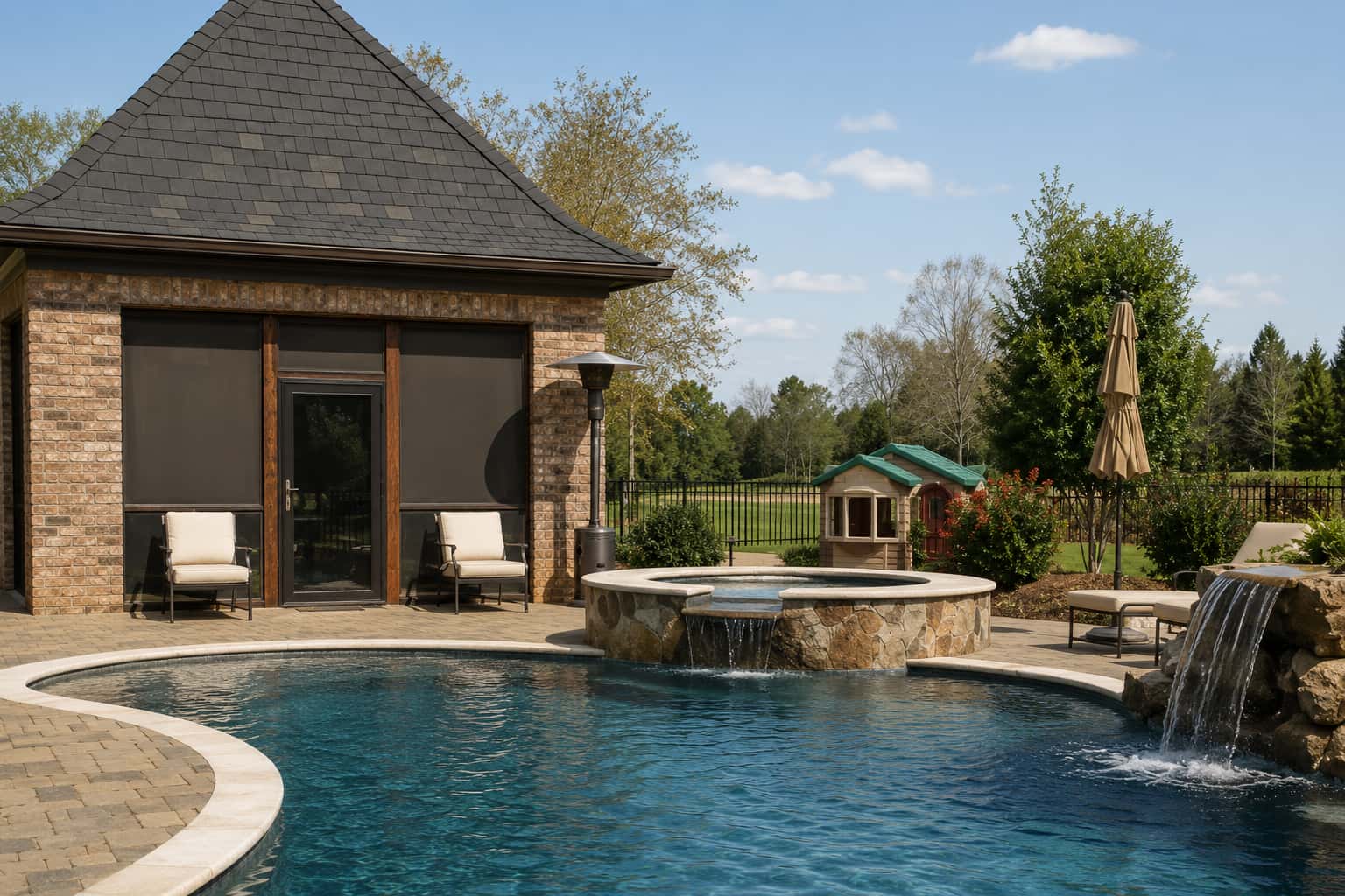 Blue Haven freeform swimming pool with raised stone spa spillover and natural rock waterfall, alongside a brick poolhouse with retractable screens.