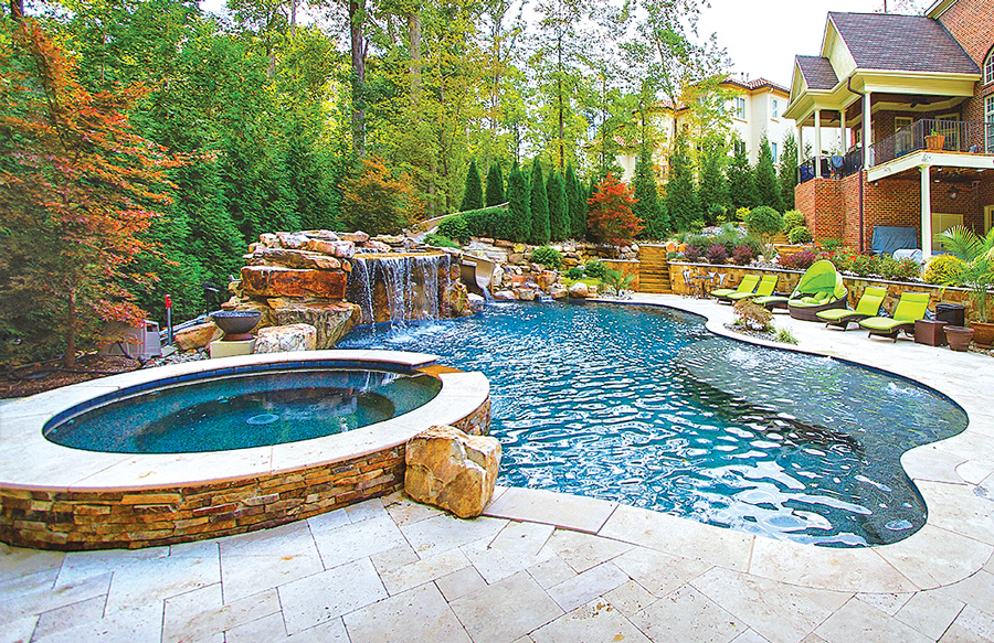 Freeform tropical pool with curved edges, waterfall, and palm landscaping