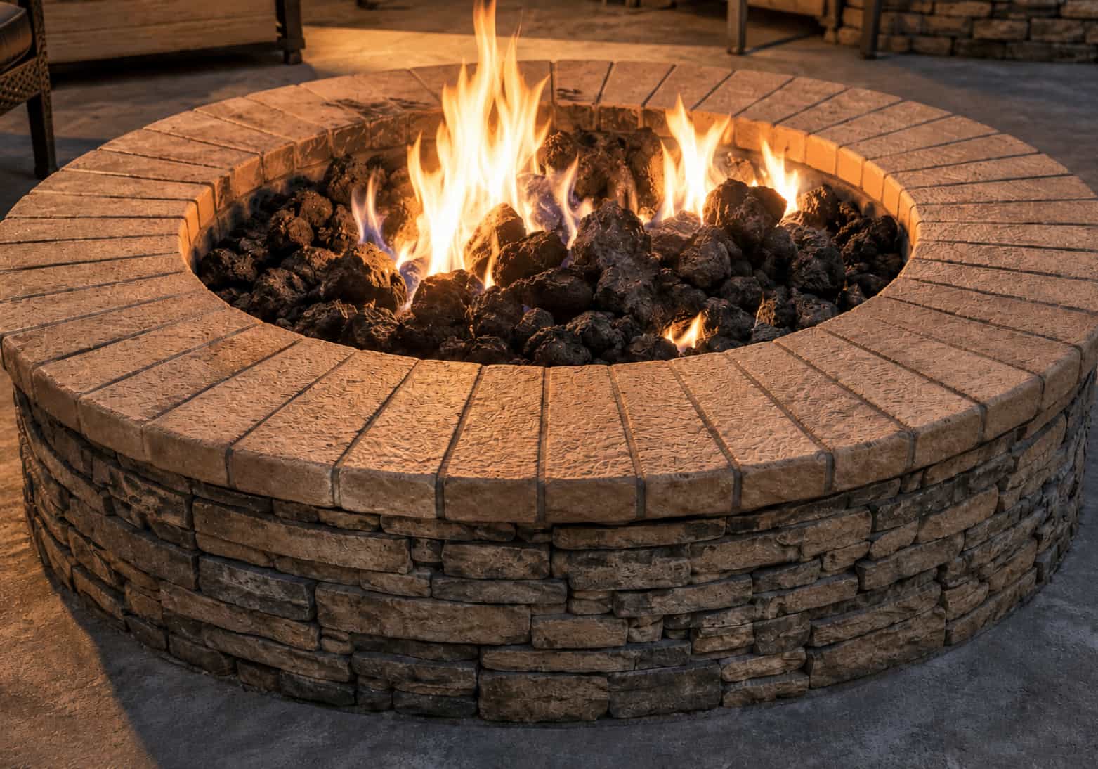Round fire pit with wide opening and smooth bullnose brick cap burning charcoal