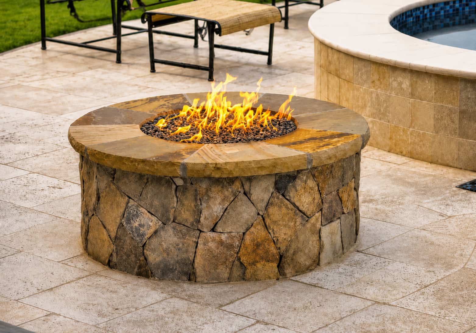 Round natural gas fire pit with stacked stone base and flat stone cap on travertine patio