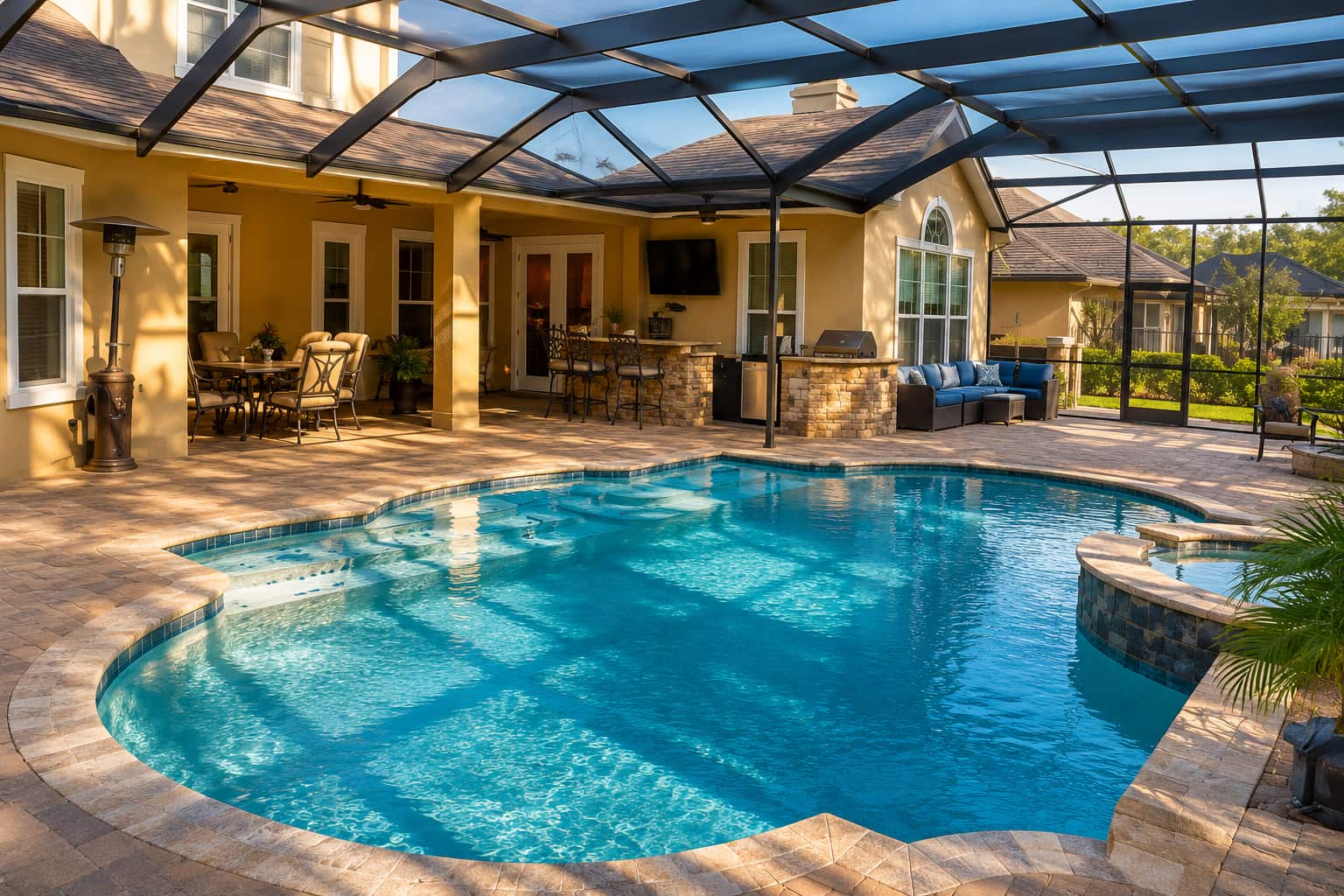 Aluminum screen room enclosure surrounding an inground pool and patio area
