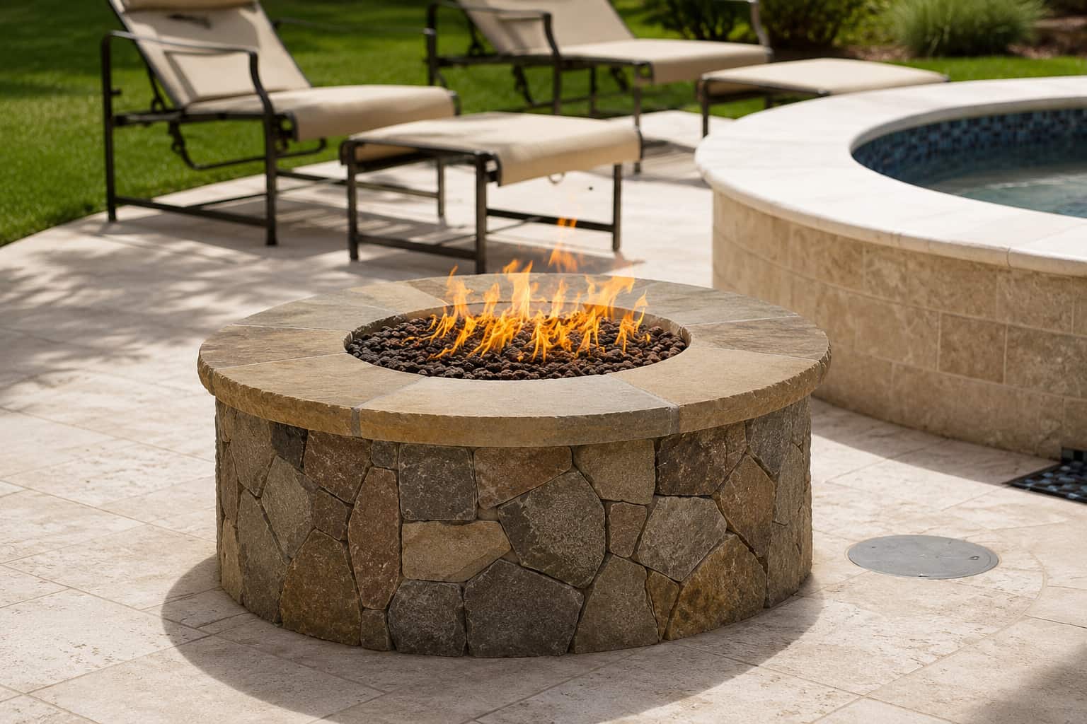 Round flagstone gas fire pit with lava rocks and tall flames on a travertine patio, with a curved stone-edged spa and beige chaise lounges in the background.
