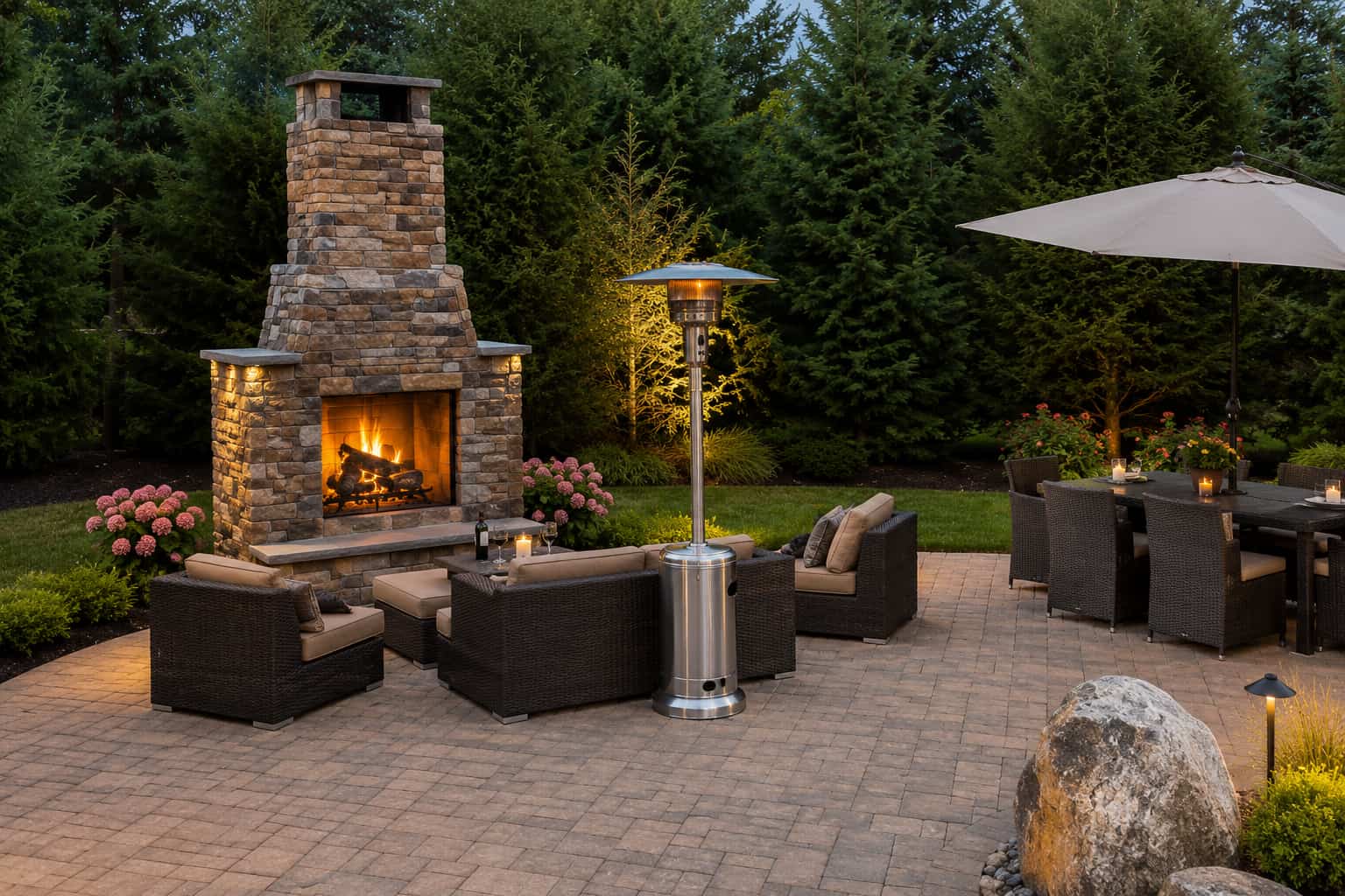 A paver patio at dusk featuring a stacked-stone outdoor fireplace, wicker lounge seating, patio heater, and dining area under an umbrella.