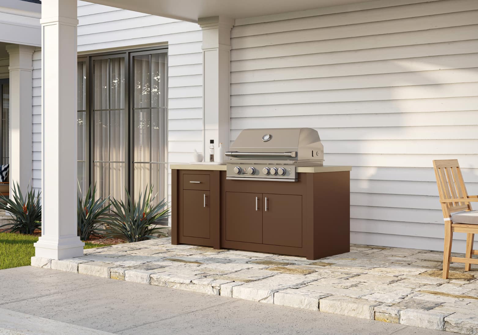STONO 71-inch Vista outdoor kitchen island with bronze base and concrete countertop on a stone patio
