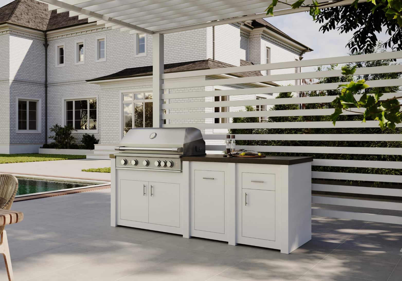 STONO 92-inch Meridian outdoor kitchen island with white base and graphite countertop next to a pool