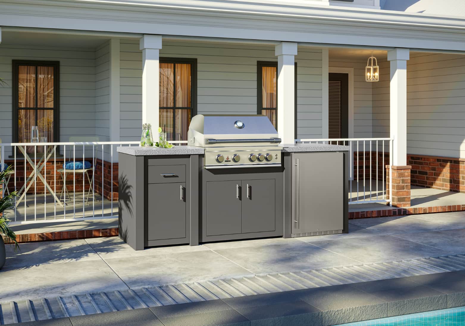 STONO 92-inch Solara outdoor kitchen island with charcoal base and granite countertop on a backyard patio
