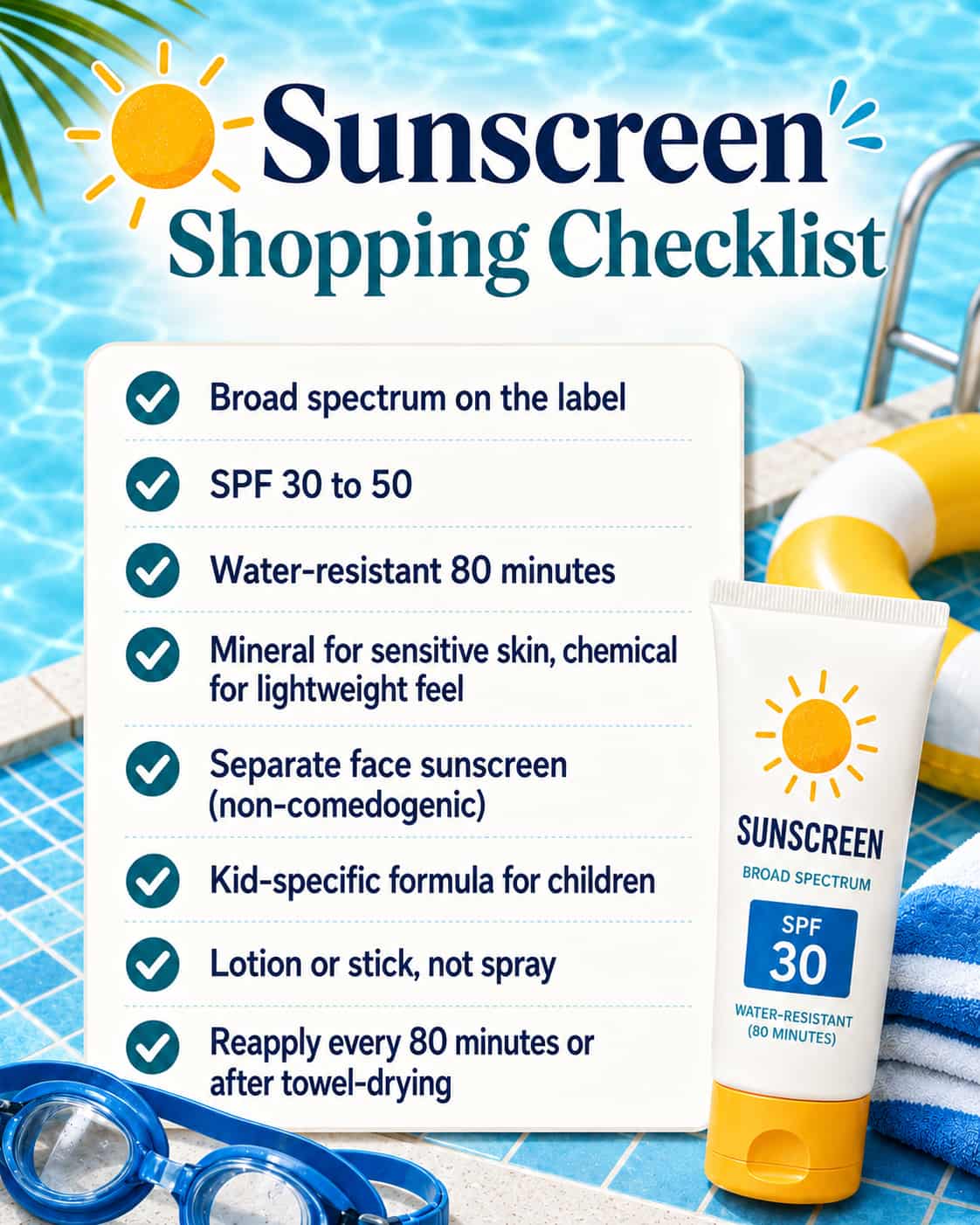 Sunscreen shopping checklist for pool days: 8 rules including broad spectrum, SPF 30 to 50, and water-resistant 80 minutes