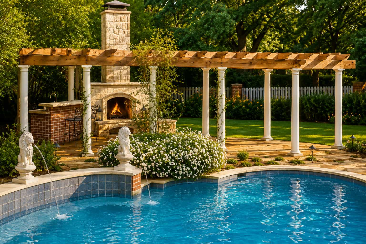 Wooden pergola with built-in stone fireplace beside a backyard swimming pool